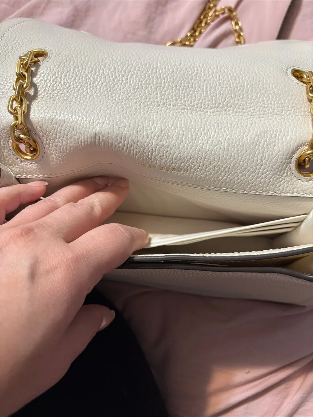 Tory Burch Cream Pebbled Leather Chain-Handle Shoulder Bag with Gold Hardware
